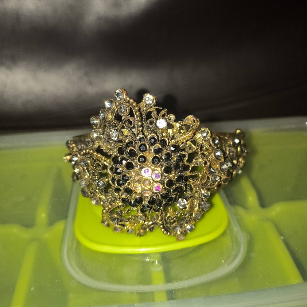 Antique Gold Rhinestone Clamper Bracelet .